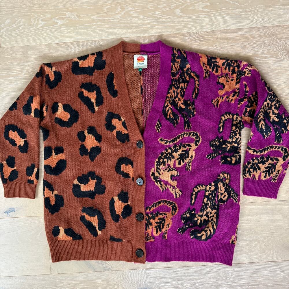 FARM Rio Dopamine Mixed Wild Leopards Colorblock Cardigan Sweater Sz S Oversized